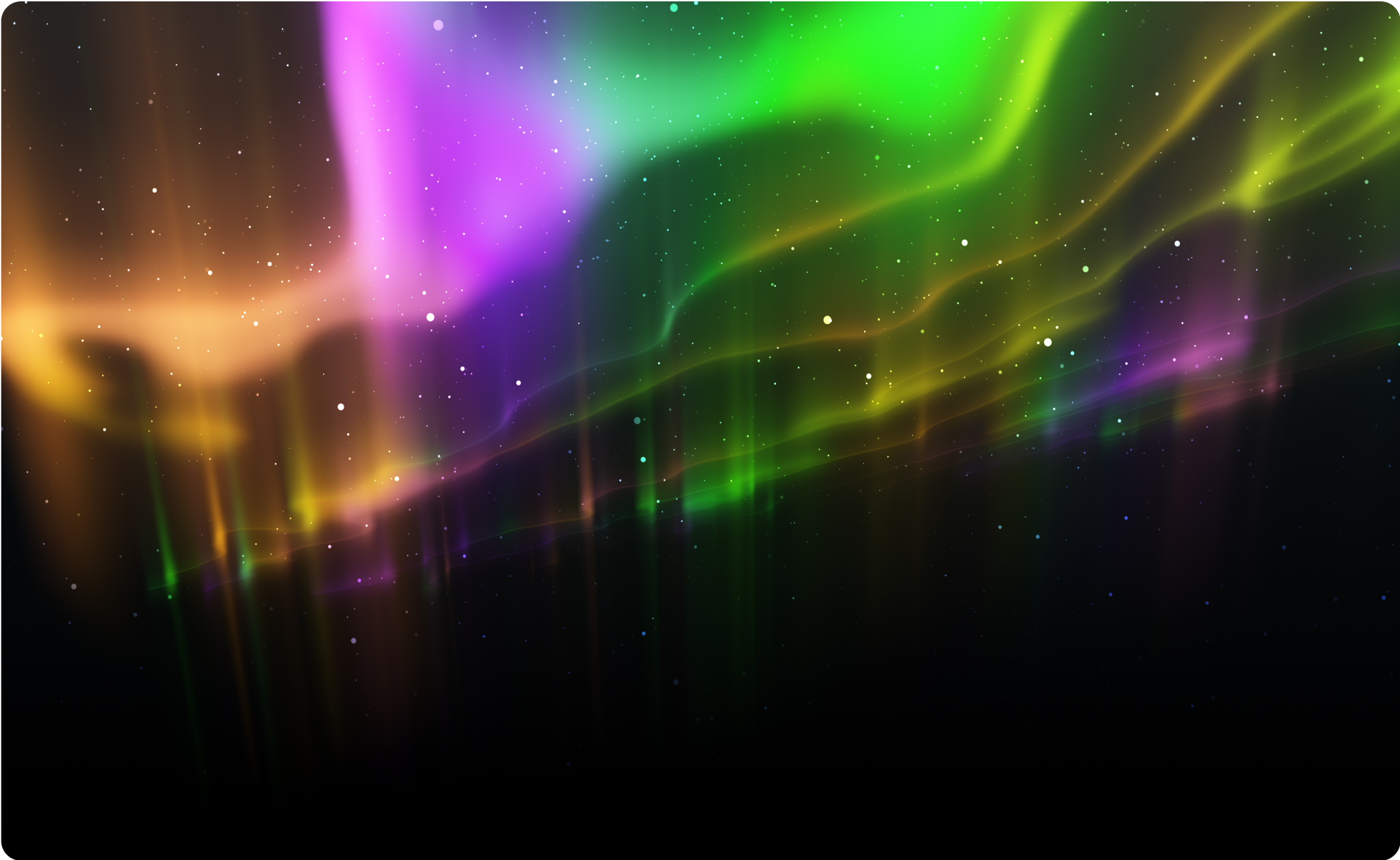 Breathtaking Northern Lights with vibrant green, purple, and yellow streaks illuminating the night sky