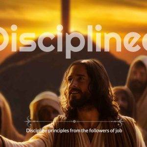 Inspirational scene with a spiritual leader guiding followers at sunset with the word "Disciplined" above.