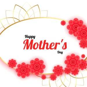 Happy Mother's Day card with red flowers and gold decoration.