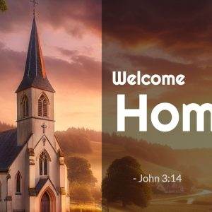 Peaceful countryside church at sunset with welcome message