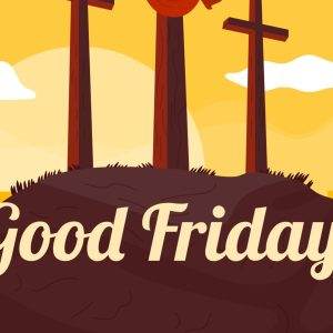 Illustrated Good Friday scene with three crosses on a hill at sunset