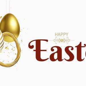 Easter eggs with golden decorations and Happy Easter text