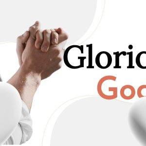 Hands clasped in prayer with 'Glorious God' text and white hearts background