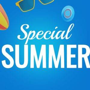 Colorful summer items and sunglasses on a blue background with the text 'Special Summer'