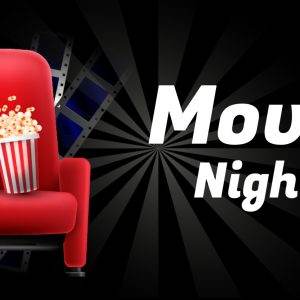 Red cinema chair with popcorn and soda, text 'Movie Night'