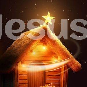 Illuminated wooden manger scene with a star glowing at the top and the word Jesus in bright letters, set against a night sky with scattered stars.