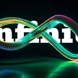 Neon glowing infinity symbol with vibrant colors against a dark background, the word 'infinite' is written behind.