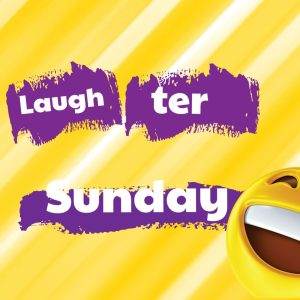 Vibrant Laughter Sunday banner with smiling emojis and purple paint stroke text on a yellow background