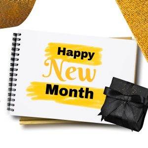 Festive image with 'Happy New Month' message, gold ribbon, black gift box and clothespin.