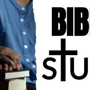 Hands resting on a stack of books next to the word Bible Study