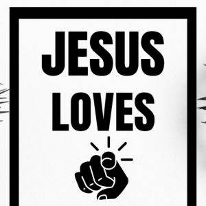 "Jesus Loves graphic with black crown of thorns and fist icon"