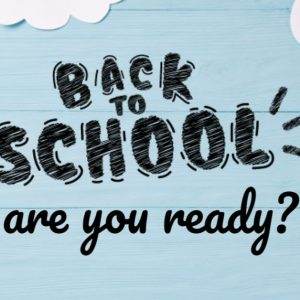 Chalkboard-style "Back to School: Are You Ready?" text on a sky-blue background with white clouds