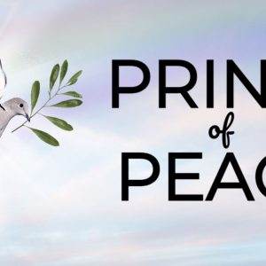 A white dove carrying an olive branch with the text 'Prince of Peace' on a pastel sky background.