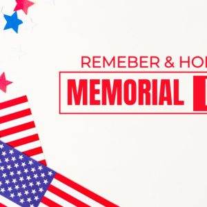 Memorial Day image with American flags and stars in red, white, and blue colors.