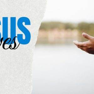 Spiritual image with extending hand in white robe and text 'Jesus Saves' beside a tranquil lakeside background.