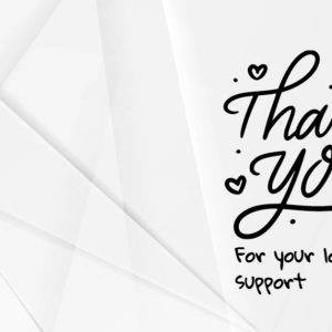 Thank you card design with decorative text and hearts