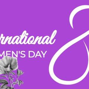 International Women's Day graphic with a purple background, white silhouettes of a woman’s profile, and a flower.