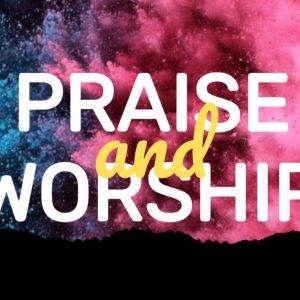 Vibrant praise and worship background with silhouetted figures praying against colorful cosmic backdrop.