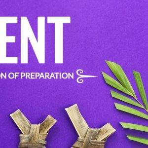 Lent season banner with palm leaves on purple background.