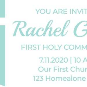 First Holy Communion invitation with a mint green cross design