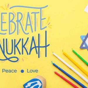 Celebrate Hanukkah with colorful candles, dreidels, and Star of David on a bright yellow background.