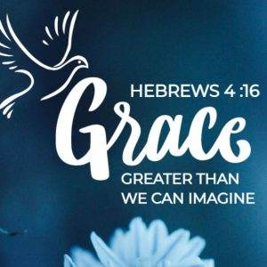 Inspirational quote from Hebrews 4:16 with a dove symbol and a serene blue background.