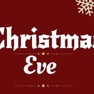 Festive Christmas Eve banner with snowflakes and ornaments on a maroon background.