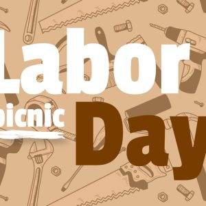 Labor Day picnic banner with tool illustrations in the background.