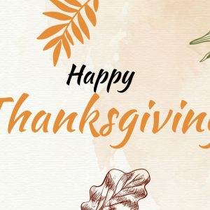 Festive Thanksgiving greeting card with fall leaves, pie, corn, and text 'Happy Thanksgiving'.