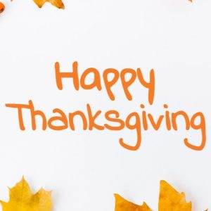 Fall leaves and berries surround a 'Happy Thanksgiving' text on a white background.