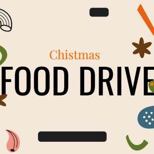 Colorful Christmas Food Drive banner with pasta, vegetables, and spices around the text.