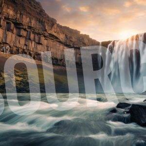 Majestic waterfall cascading down rocky cliffs at sunset with the word 'SOURCE' overlaying the image.