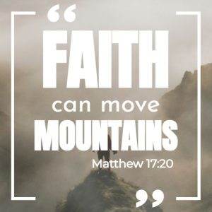 Inspirational quote on faith over foggy mountain landscape