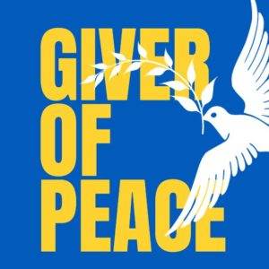 White dove with an olive branch overlaid by 'Giver of Peace' text on a blue background.