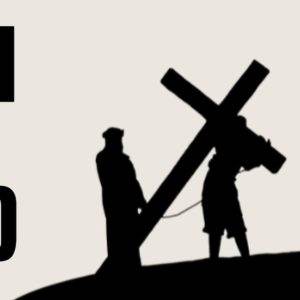 Silhouette of Jesus carrying the cross with another figure beside him, accompanied by the words Son of God.