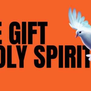 White dove flying with wings spread against an orange background with text stating The Gift of the Holy Spirit.