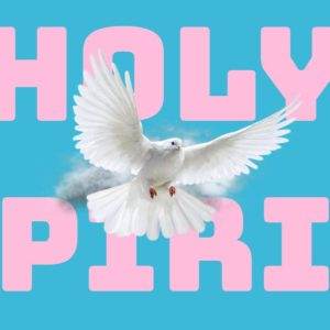 White dove flying against a blue background with the words Holy Spirit in pink