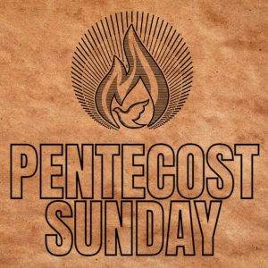 Pentecost Sunday banner with a dove and flame symbol on a parchment background