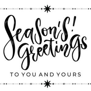 Festive Season's Greetings card with black calligraphy and decorative elements