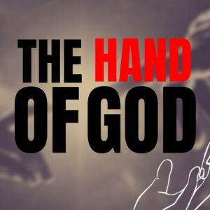 Silhouetted hands reaching out with the bold text "THE HAND OF GOD" in black and red.