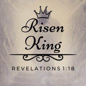 Risen King text overlay on a crown symbol with a soft, ethereal background.