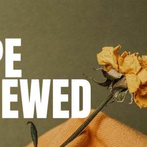 Withered yellow flower paired with bold white text banner reading Hope Renewed