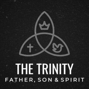 Trinity symbol with cross, crown, and dove on black background