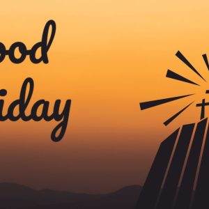 Sunset background with three crosses on a hill and the words 'Good Friday' in bold script.