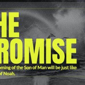 Yellow text THE PROMISE against a stormy sea background, referencing the days of Noah and the coming of the Son of Man.