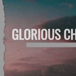 Glorious Christ text over a sunset background with minimalist icon on the side