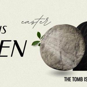 He is Risen Easter banner with empty tomb and white dove