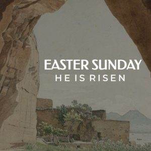 View of a rocky desert landscape through a cave opening with Easter Sunday message