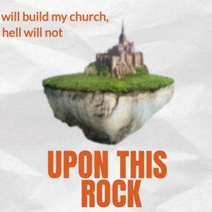 Floating island with a church and a motivational message about resilience