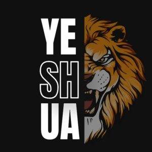 Powerful lion illustration integrated with bold text design "Yeshua" on a black background